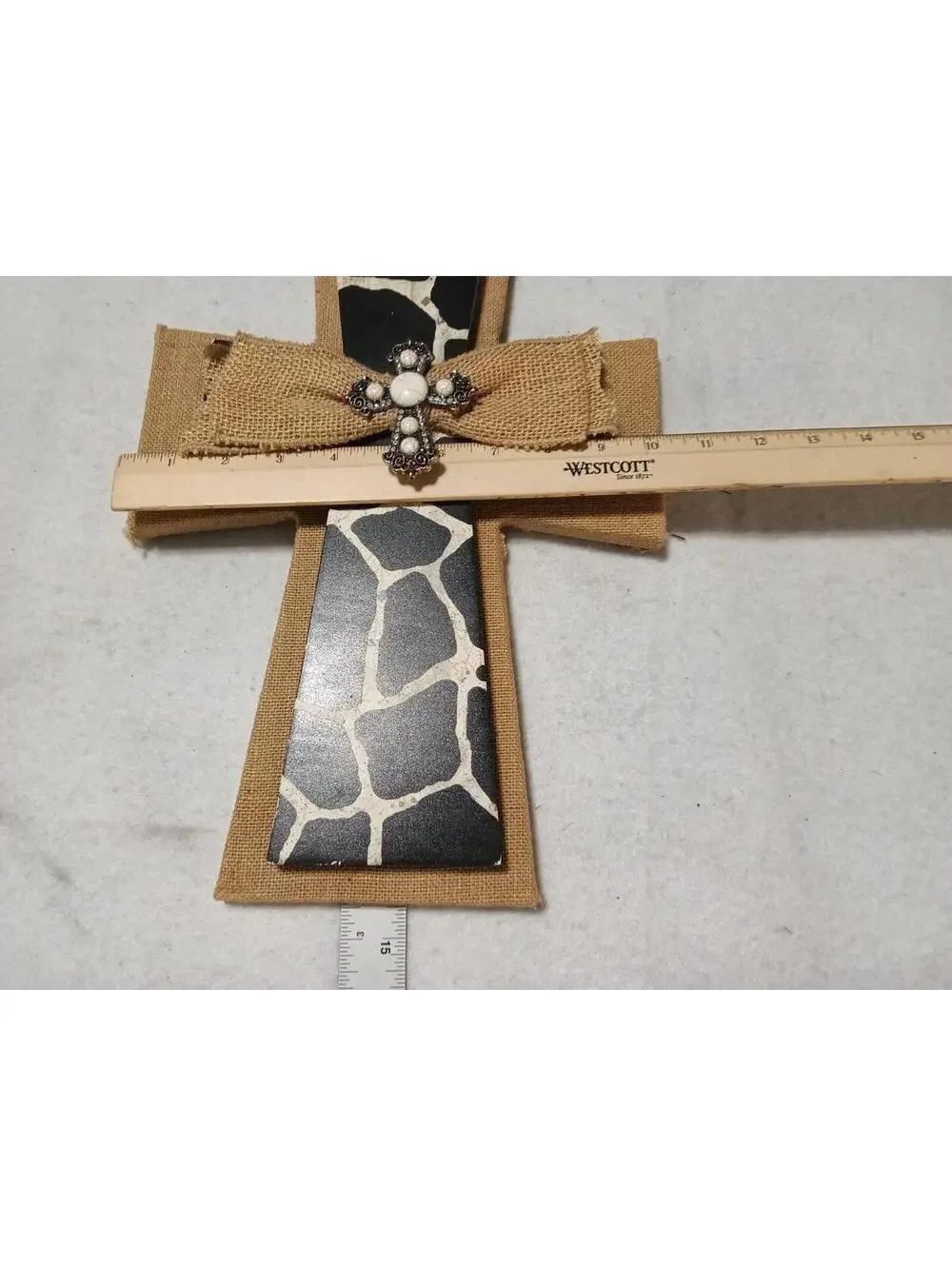 Rustic Giraffe Print Wall Cross with Burlap Bow and Rhinestone Accent
